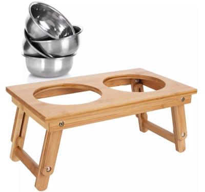 China Sustainable Adjustable Raised Dog Food And Water Holder , Bamboo Pet Feeder With 2 Stainless Steel Bowls for sale