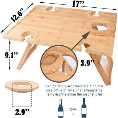 China Modern Bamboo Portable Wine Picnic Table with Bottle and Four Glass Holder for Outdoors and Indoors with Natural Color for sale