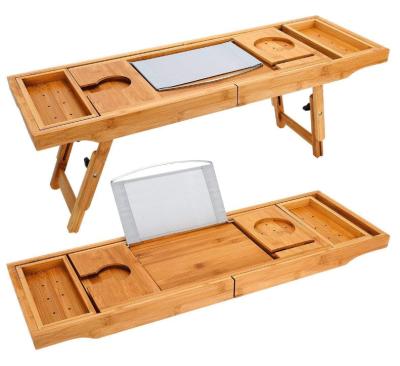 China Sustainable Bamboo Bathtub Cart Tray Laptop Desk With Legs Foldable Bathtub Cart With Extending Sides for sale