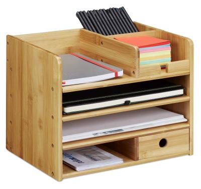 China Bamboo Desk File Organizer with Drawer, 4-Tiers Bamboo Document Letter Organizer Tray Mail Sorter for Office with Pen Holder Customer Request for sale