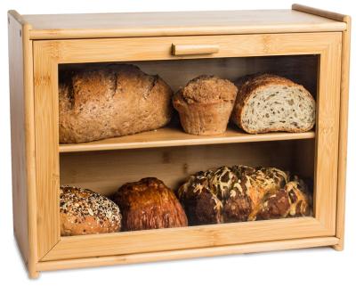 China Large Double Layer Sustainable Bread Box Bamboo Bread Box With Clear Window Bread Holder For Kitchen Countertop for sale