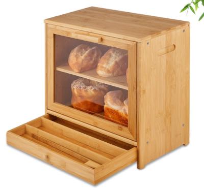 China Sustainable Bamboo Bread Box For Kitchen Counter Top 2 Layer Adjustable Bread Bin With Acrylic Stained Glass And Storage Drawer for sale