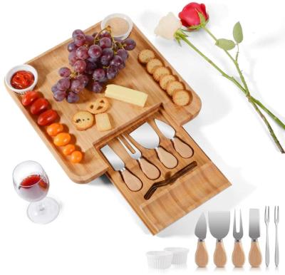 China Sustainable Bamboo Cheese Board Cheese Board with Knife Set, Charcuterie Board and Cheese Board Includes 4 Cheese Knives, 2 Ceramic Bowls for sale