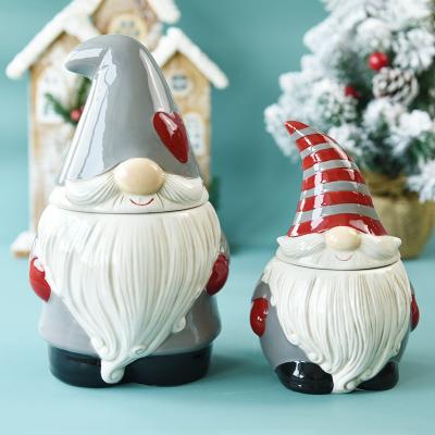 China Fresh Keep Christmas Dwarf Design Food Grade Kitchen Food Storage Figurine Ceramic Santa Cookie Candy Jar Custom for sale