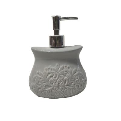 China Foam Soap Dispenser Ceramic Gray Color Kitchen Embossed Flower Dish Wash Hand Soap Pump Dispenser for sale