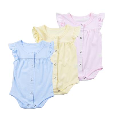 China Soft Yellow Pink Clothes Float Solid Single Sleeve 100 Cotton Metal Snap Fork Baby Jumpsuit for sale