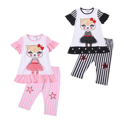 China No Pilling Boutique Kids Clothing Set Cat Face Floating Sleeve Girl Children T-shirt Kids Top Spats for sale