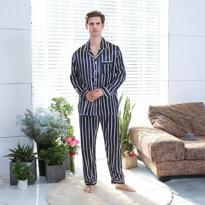 China Autumn New Style Men's Stain Striped Silk Pajamas QUICK DRY Long Sheath Printed Casual Sleepwear Sets for sale