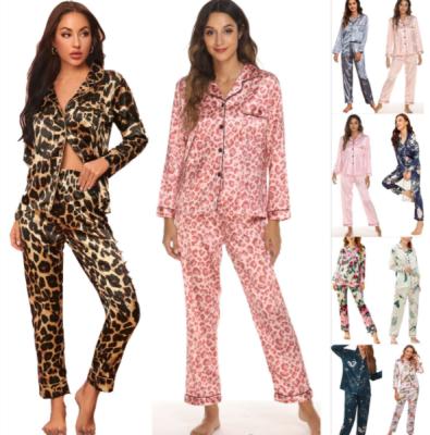 China Wholesale QUICK DRY luxury leopard long sleeve lingerie pajamas 2 pieces set women's turn-down collar silk satin sleepwear set for sale