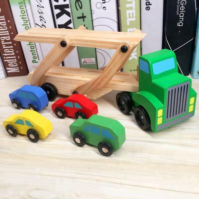 China Playing and Educational 2021 Wooden Double Transporter Truck Set with 4 Mini Cars Transporter Trailer Toys Wooden Construction Vehicle Toy Set WCV004-A for sale