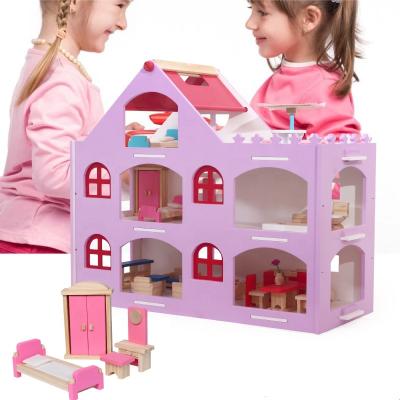 China Educational Play 2020 Montessori Princess Children Kids Miniture Furniture Wooden Vintage Toy Diy Wooden Doll House WDH15 for sale