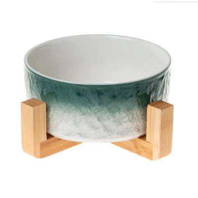 China 2021 Design Wholesale Porcelain Round Marble Dog Driver Stocked Ceramic Bowl With Wood Rack Wooden Stand for sale