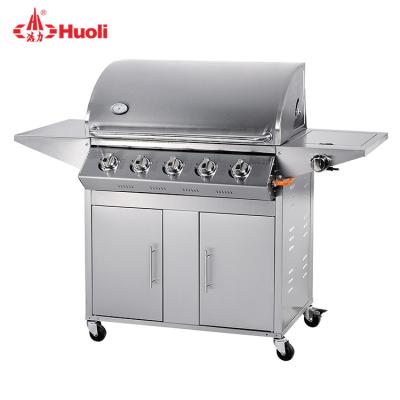 China OEM/ODM Height Adjustable Serving Garden Kitchen 5 Burners Stainless Steel Gas Kebab BBQ Grill Rack Outdoor Heavy Duty for sale