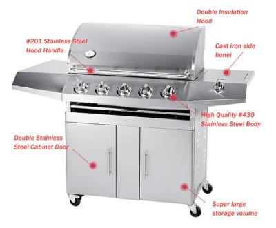 China China High Quality Adjustable Height 5 Burners Free Standing Heavy Duty Outdoor Stainless Steel Kitchen BBQ Grill Gas for sale