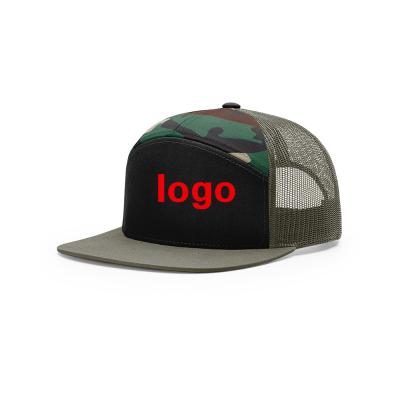 China Custom 7 Panel Snapback Hat Wholesale COMMON Trucker Hat Flat Bill Mesh Snap Back Caps Embroidered Logo for sale