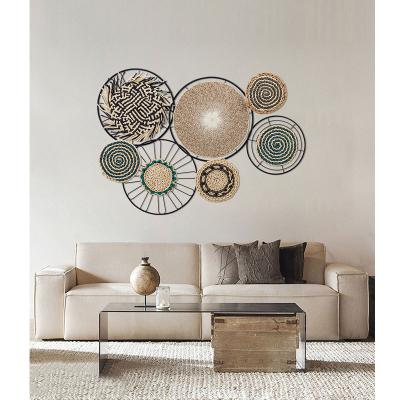 China Minimalist High Quality Crafts Rattan Wall Hanging Eco-Friendly Home Decoration Metal Round Framed Boho Wall Decor For Home for sale