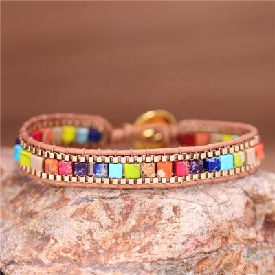 China BOHO Women 7 Chakra Stones Wrap Bracelets Gold Box Chains Woven Bohemian Leather Statement Bracelet Beads Girls Teen Jewelry Dropship for sale