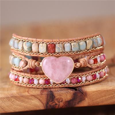 China Romantic BOHO Rose Quartz Heart Leather Wrap Bracelets Lace 3 Strands Slap Bracelet Handmade Jewelry Droppshipping Teengirl Jewelry for sale