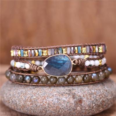 China Bling Multilayers BOHO Labradorite Leather Strands Teengirls Single Wrap Bracelet Bead Bohemian Jewelry Bracelet Dropshipping for sale