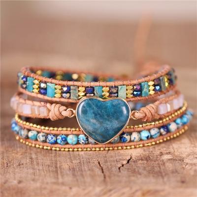 China 3 Strand BOHO Wrap Bracelets Heart Shape Natural Stone Exquisite Leather Apatite Rope Women's Handmade Beaded Boho Jewelry for sale