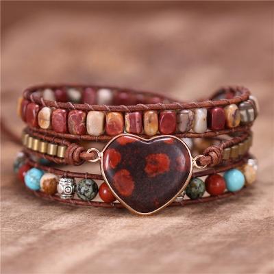 China BOHO Boho Burgundy Natural Stone Beads Tibetan Jewelry Jewelry Wholesale Women Girl Bracelet Bangle Leather Wrap Bracelets for sale