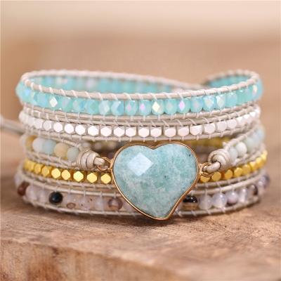 China Romantic BOHEMIA Amazonite Heart 5 Strands Wrap Handmade Jewelry Dropshipping Gemstone Bangle Charm Bracelet Beaded Bangle Cuff Bracelet for sale