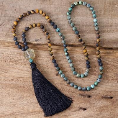 China Natural Stone 108 Mala Turquoises Tiger Eye Lava Religious Handmade Yoga Beads Necklace Black Tassel Meditation Jewelry Wholesale for sale