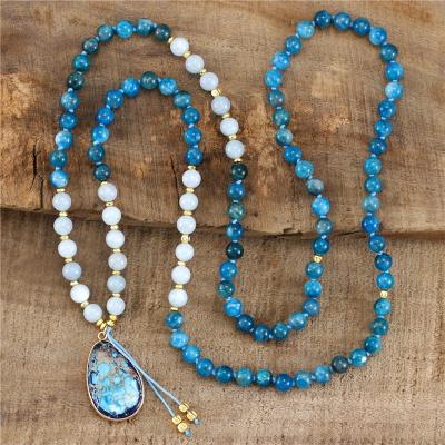 China BOHEMIA 108 mala 8mm handmade apatite beads yoga hanging meditation lasso knot teardrop necklace jewelry gift healing wholesale for sale