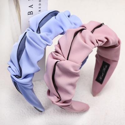 China 2021 New Style Soild Color Cute Soft Cloth Headband Wide Pleated Soft Headband Mesh Yarn Headband For Women for sale