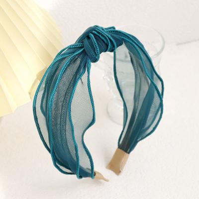 China Summer New Arrival Wide Wave Best-selling Vintage Wide Headband Fabric Mesh Yarn Mesh Yarn Cross Knot Wide Headband for sale