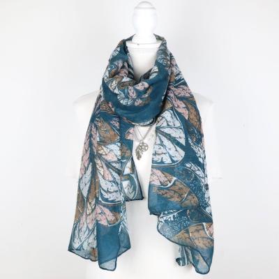 China Wholesale New Style Peacock Blue Soft Long Feather Printed Scarf For Lady for sale