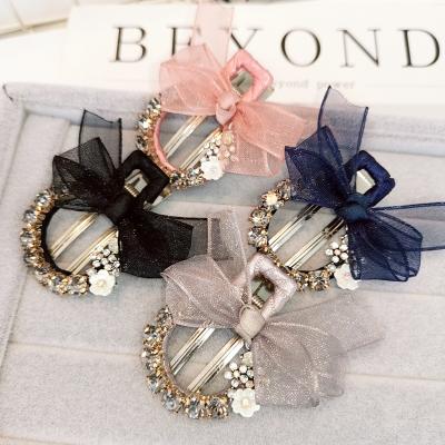 China 2020 new fabric style organza ribbon bow hair clip with rhinestone multiple colors are available for sale