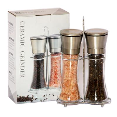 China Sustainable Ceramic Core Salt and Pepper Grinders Set with Refillable Stainless Steel Rack Pepper Grinders for sale