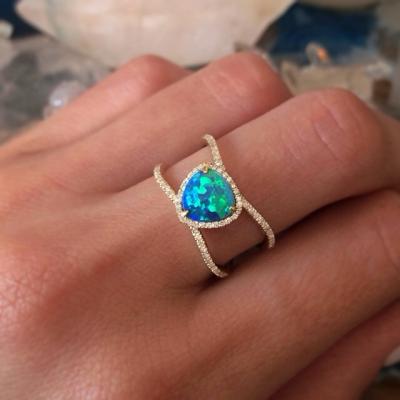 China TRENDY promotion blue opal ring pave stunning CZ white blue opal wide band women ring gift for sale