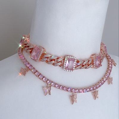 China Hiphop 12mm Miami Big Cuban Link Chain Pink Diamond Women Choker Necklace for sale