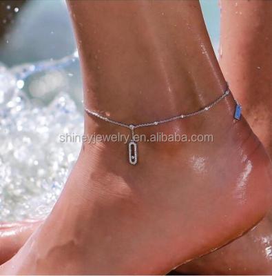 China Valentines Gift 925 Sterling Silver Mobile Punk Bead Micro Pave CZ Bling 925 Sterling Silver Chain Anklet for sale