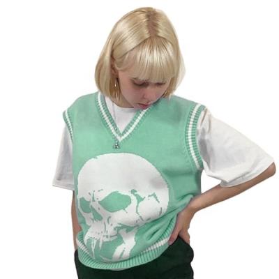 China Anti-wrinkle Harajuku College Style V-Neck Pullover Loose Top Women's Skull Sweater Vest Sleeveless Vest for sale