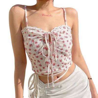 China QUICK DRY tank tops 2021 summer ladies ribbed knit sexy crop top women's lace trim flower prints tank tops for sale