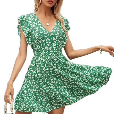 China 2021 Summer Women's Boho Mini Dress V-neck Holiday Anti-static Beach Dresses Ruffle Print Dress for sale