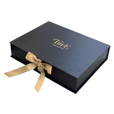 China Recyclable Black Wholesale Custom Made Wig Extension Magnetic Gift Logo Premium Luxury Cardboard Paper Packaging Box With Ribbon Closure for sale