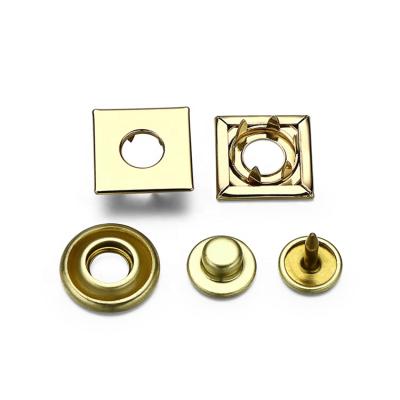 China Dry Cleaning DFA Button With Logo Gold Square Metal Fork Custom Printed Four Part Snap Button For Apparel for sale