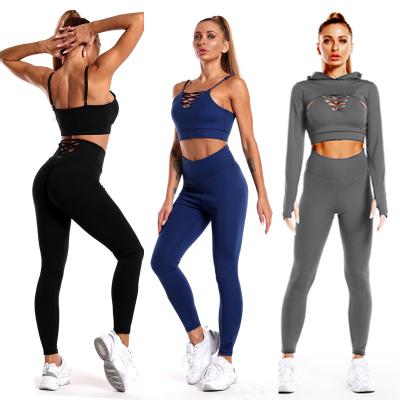 China Wholesale high quality ladies pure color vest+hoodies breathable crop top +pants equipment woman 3 piece yoga set fitness sport wear suit for sale