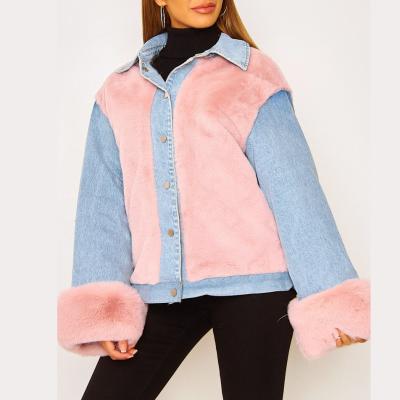 China Girls Reversible Autumn And Winter Long Sheath Patchwork Vintage Fur Patchwork Thick Warm Coat Plush Denim Casual Loose Jacket For Woman for sale