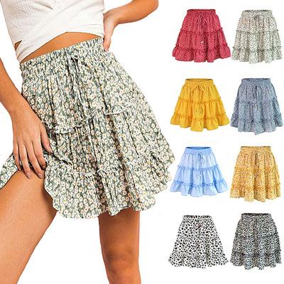 China Boho A Line Pleated Cute Skater Mini Skirts With Drawstring Ruffle Floral Print Skirt Summer High Waist Plus Size Women Leopard for sale