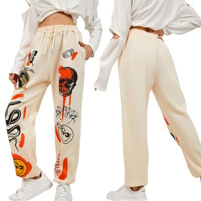 China 100% Terry Sweatpants Fleece Drawstring Graffiti Streetwear Cotton Breathable Organic Print Joggers Graphic Pants For Women for sale