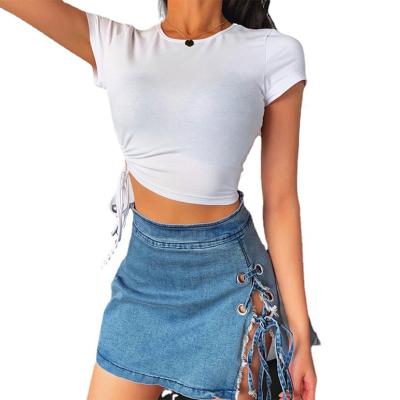 China Soft Breathable Women T-shirt Shorts Sheath Summer Design Bandage String T-shirt Girls Dance Crop Top T-shirt for sale