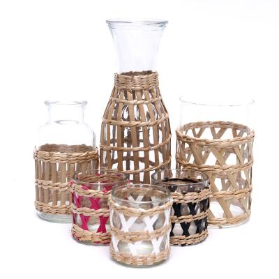 China Wholesale Handmade Nordic Viable Style Sea Natural Grass Woven Drinking Glass Sleeve Set for sale