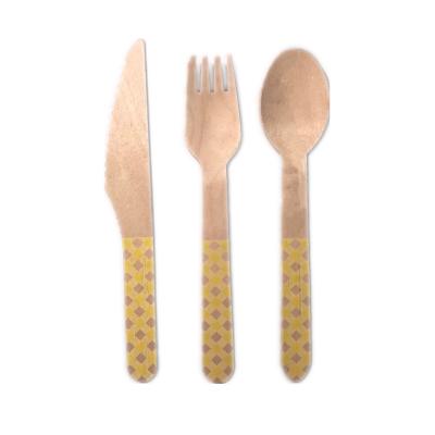 China Disposable Disposable Birch Wooden Spoon Flatware Mini Sets Knife Fork Spoon Silk Screen Logo Camping Cutlery Set for sale