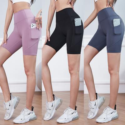 China Breathable High Waist Yoga Shorts Workout Fitness Shorts Gaiters Custom Womens Tight Running Compression Exercise Shorts With Pouch for sale