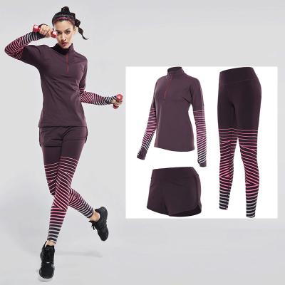 China OEM Antibacterial Women 3 Pcs Sports Suits Printed Long Sleeve Shirts And Legging And Elastic Waist Shorts Breathable Running Yoga Sets for sale